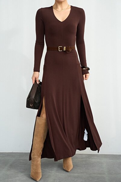 LOKADI Women's V-Neck Double Slit Long Sleeve Maxi Length Brown Dress