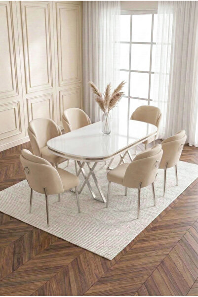 DEREN HOME Milano Gümüş Serisi 90x168 MDF Masa Metal Ayak YemekMutfak Takımı+...