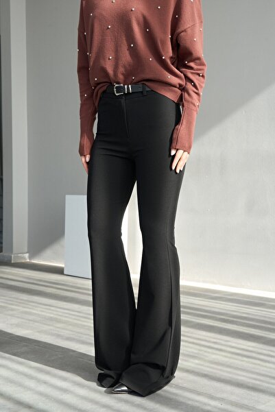 LOKADI Black Full Stretch Fabric High Waist Flare Flared Pants (K Belt Gifted)