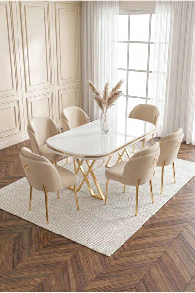 DEREN HOME Milano Gold Serisi 90x168 MDF Masa Metal Ayak Yemek Mutfak Takımı6...