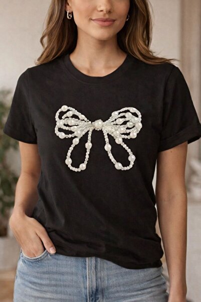 LELVANİ Women Beads Patterned Ribbons Printed Tshirts