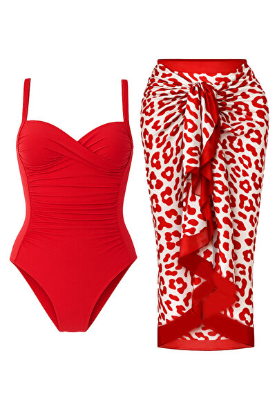 CUPSEA Women's Shaping / Sculpting Draped Red Swimsuit Red Leopard Pareo Set ...