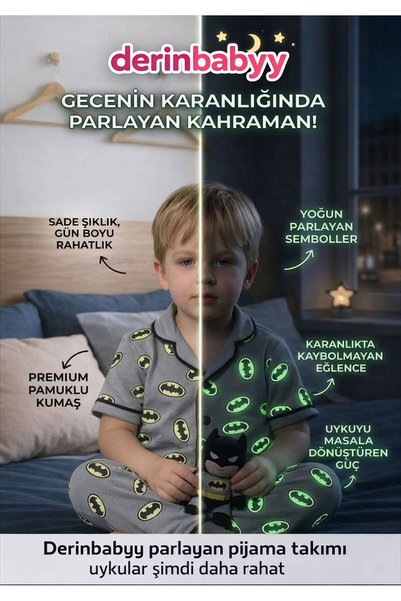 derin baby 100% Cotton %100 Phosphorescent Night Glowing Bat Patterned Baby Boy Pajama Set