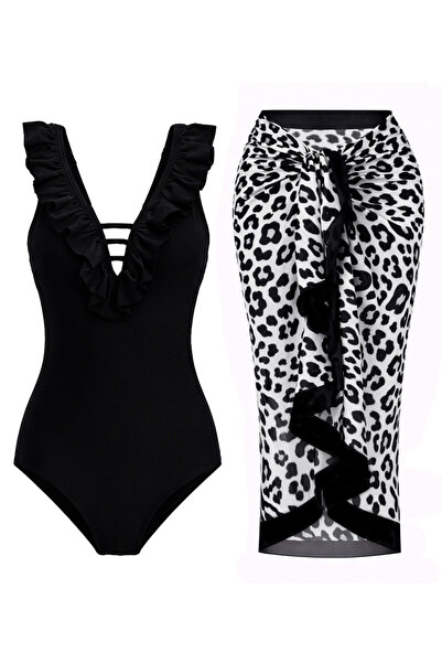 CUPSEA Slimming Effect Ruffled Front Black Swimsuit Black Leopard Pareo Set of 2