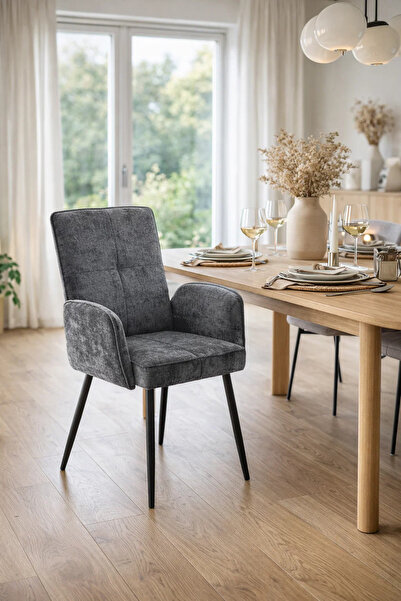 MARIA HOMES Grey Upholstered Dining Chair with Armrests and Metal Legs 96x49x...