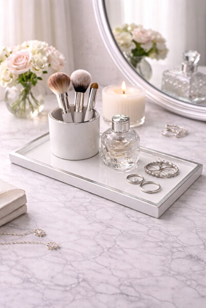 Sabletscrafts Silver Leaf Detailed Decorative Tray 25cm and Makeup Brush Hold...