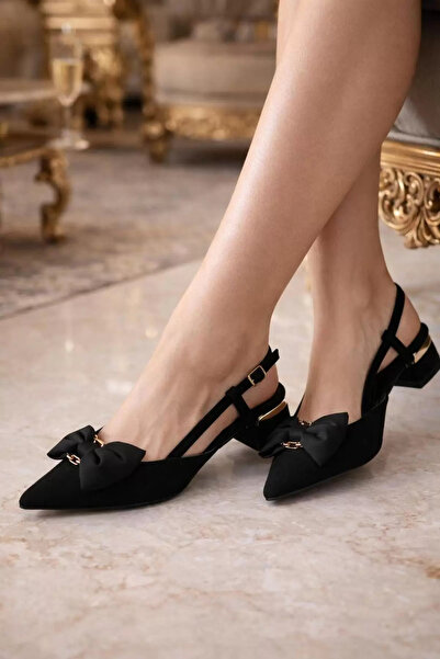 COŞKUN AYAKKABI Women's Gold Accessory Detail Bowknot Heeled Shoes Black 263648