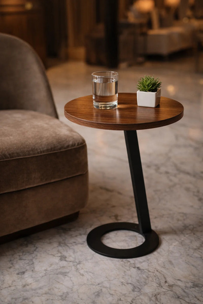 MARIA HOMES Brown Round Side Table 45×45×60 CM Wooden Top with Black Metal Base