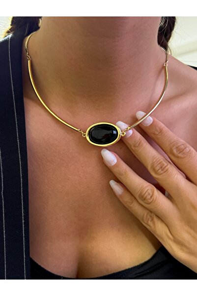 Butik Vip Series Black Stone Detailed Steel Eye Necklace 45+5cm