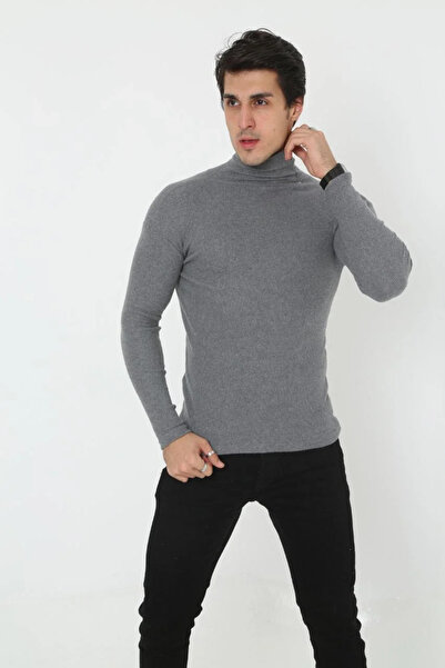 LUMİART Men's Camisole High-Neck Full Lycra Ribbed Body Sweater - Smoked