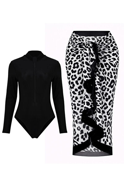 CUPSEA Black Long Sleeve Zippered Stretch Fabric Swimmer Swimsuit Black Leopa...