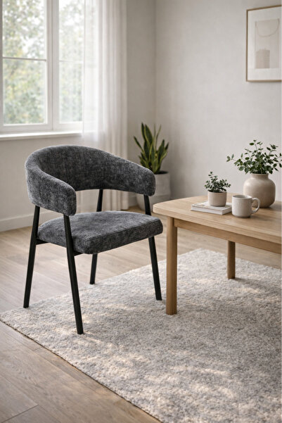 MARIA HOMES Grey Fabric Arm Dining Chair 84x47x46cm Modern Dining Chair