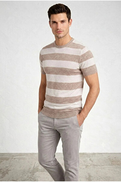 LUMİART Men's T-Shirt Striped Knitwear Woven Crew Neck T-Shirt - Beige