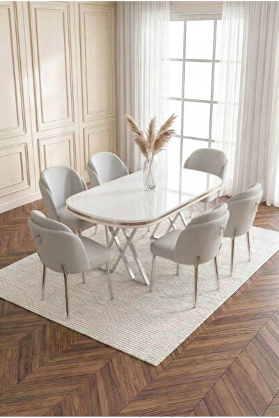 DEREN HOME Milano Gümüş Serisi 90x168 MDF Masa Metal Ayak Yemek Mutfak Takımı...