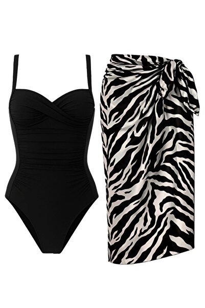 CUPSEA Women's Shaping / Sculpting Draped Black Swimsuit Black Zebra Pareo Se...