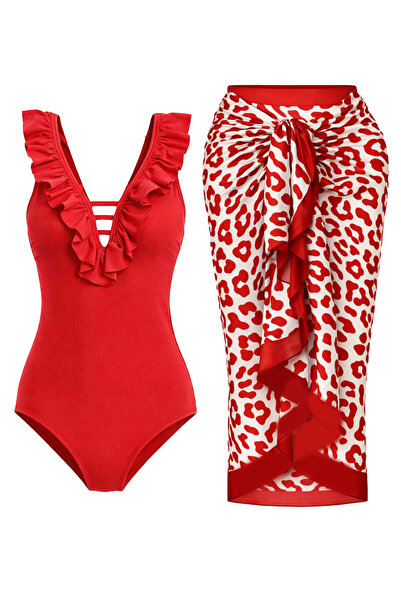 CUPSEA Slimming Effect Red Swimsuit with Ruffles on the Front Red Leopard Par...