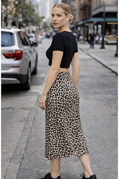 SÖRF Leopar Desenli Uzun Bürümcük Kloş Etek 93-95 cm