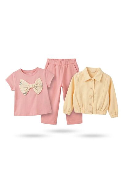 NK Kız Çocuk 3’lü Takım Pembe Papyonlu Tişört Pantolon Krem Ceket Şık Kombin
