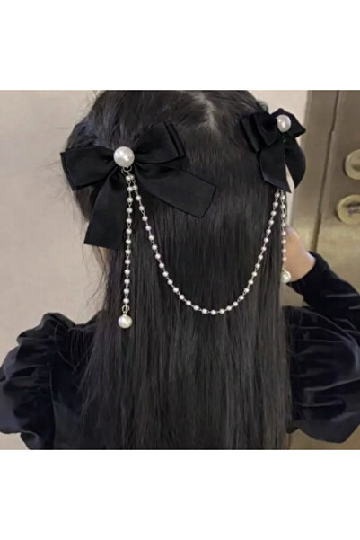 LİNACO İnci Z Chain Detail Black Ribbon Bow Buckle Set - 2-Piece Side Buckle Coquette Aesthetic Hair Accessory