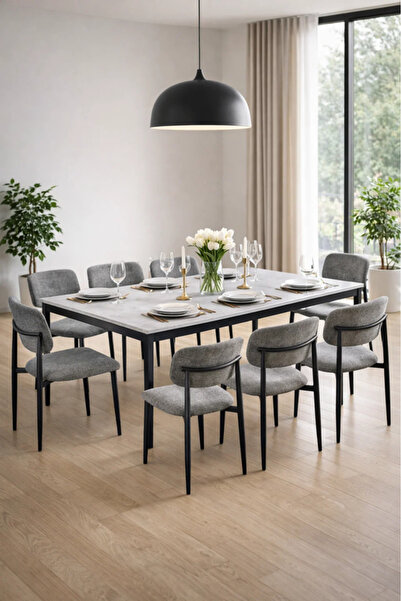 MARIA HOMES طقم طاولة طعام حديثة بسطح رخامي مع 8 كراسي مُنجّدة، مقاس 180×100×...