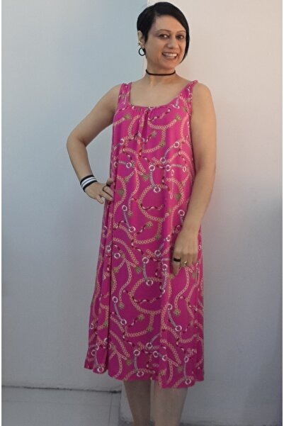 Mertcan Butik Pink Chain Patterned Front and Back Ruched Combed Cotton Viscos...