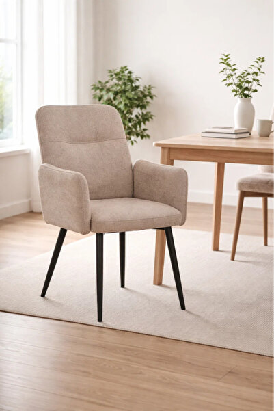 MARIA HOMES Beige Armchair with Black Metal Legs, 90x55x47 CM