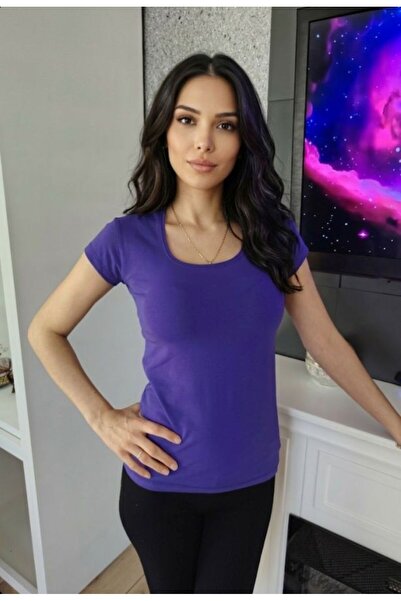 moda felinya Γυναικείο κοντομάνικο μπλουζάκι με τετράγωνο λαιμόκοψη, μωβ