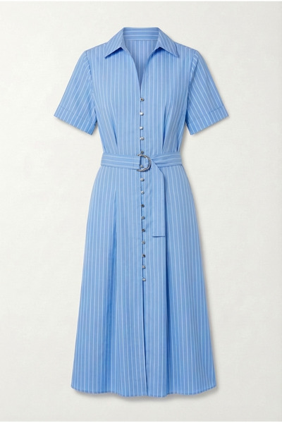 HAZELANNA Kemerli Çizgili Mavi Gömlek Elbise