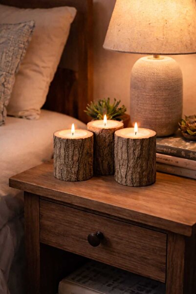 HOKTIC 3'lü Kütük Mumluk Seti- Doğal Ağaç Rustik Dekoratif Mumluk