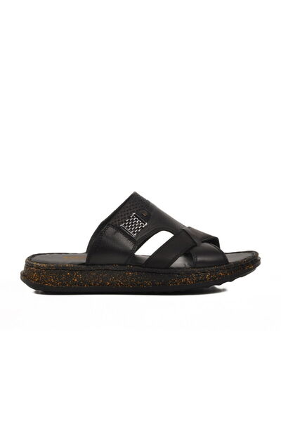 Aspor Black Genuine Leather Men's Slippers