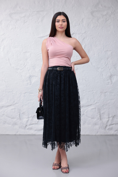 happinice Γυναικεία μαύρη δαντελένια φούστα με λεπτομέρεια από τούλι, μήκους ...