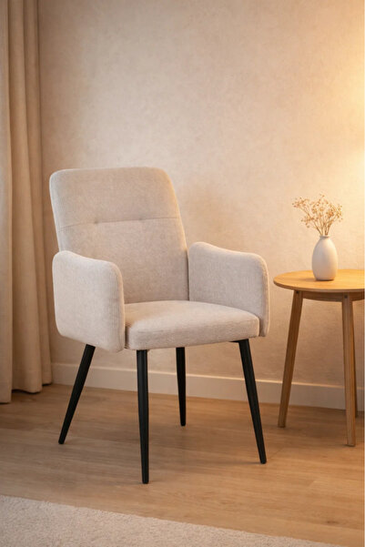 MARIA HOMES Off-White Armchair with Black Metal Legs, 90x55x47 CM
