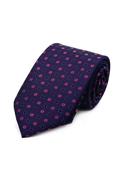 Sade Kravat Navy Blue Fuchsia Purple Small Square Patterned Tie 33339 Navy Blue