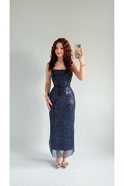 AYŞENUR DİNÇER Mermaid Midi Straplez Abiye Lacivert