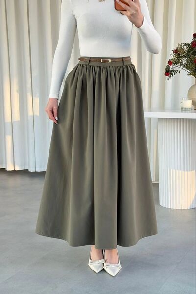 Enga Vera Women's Slim K Belt Detail Double C Pocketed Flared Long Skirt