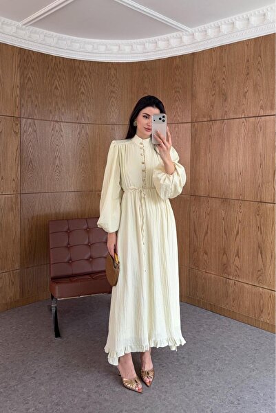 HAZELANNA Gold Düğmeli Piliseli Sarı Elbise