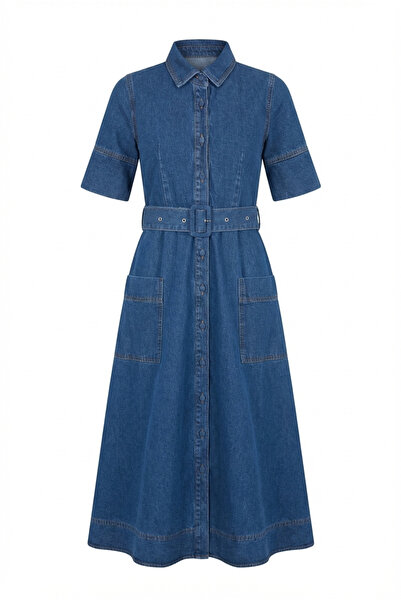 HAZELANNA Yanları Cepli Denim Elbise