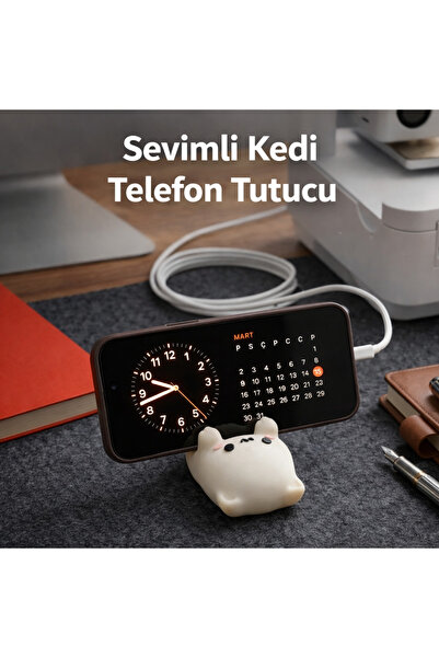 Kedi Figürlü Telefon Tutucu Telefon Standı Ofis, Çalışma Masası ve Komidin Aksesuarı İthal Tasarım