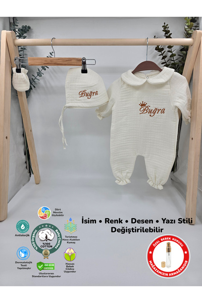 Yeni Doğan %100 Pamuk Müslin 4 Katlı Hastane Çıkış Seti (Hediyeli İsimli Nakış Desenli)