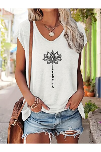 Deocept Γυναικείο μπλουζάκι Mix με τύπωμα με λαιμόκοψη V, αμάνικο, κανονική ε...