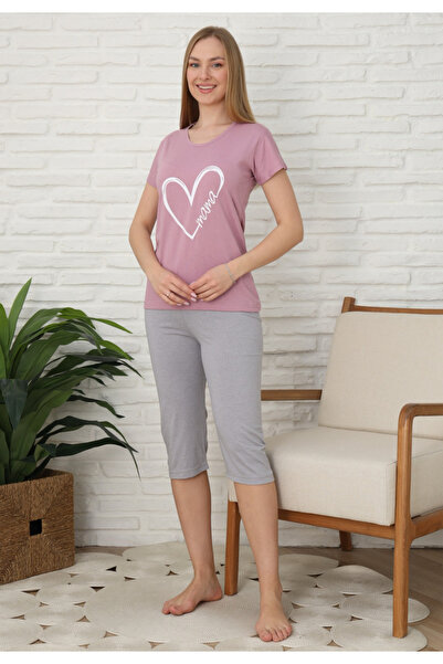 Serena Pijama familie-damă, bumbac, mânecă scurtă și pantaloni 3/4, culoare lila