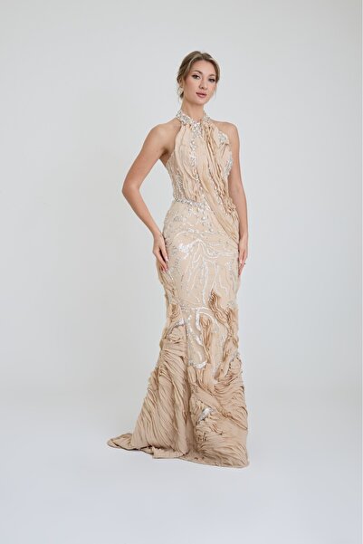 ROJBEY KADIN ABİYE SIRT DEKOLTELİ VOLAN VE PAYET DETAYLI DİK YAKALI BALIK ELBİSE