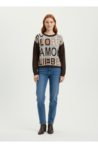 Neden Tekstil Crew Neck Text Patterned Front and Back Color Transition Knitwe...