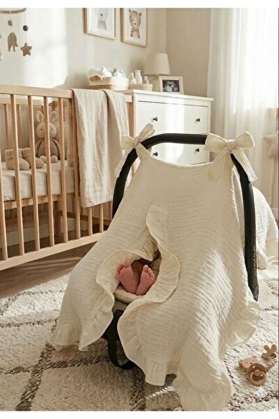 MOMSHAND1 Puset Örtüsü %100 Pamuk Müslin Krem Fırfırlı