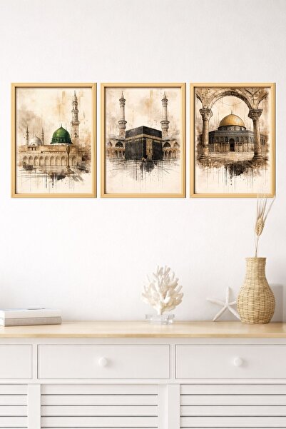 Dekor Kabe Mescid-i Nebevi Mescid-i Aksa 3’lü MDF Tablo Seti | 3D Çerçeve Gör...