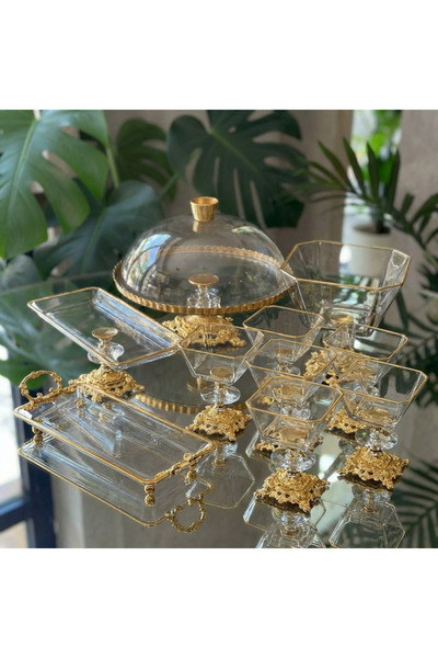 ÇNR Home Collection 10 Piece Gold Crystal Presentation and Serving Set with B...