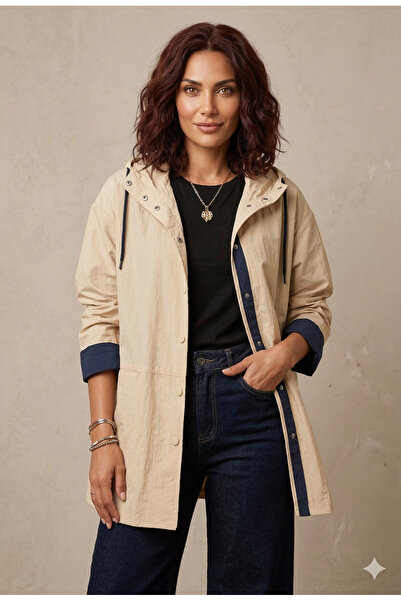 Roosbutik Bej - Lacivert Renk Bloklu Kapüşonlu Mevsimlik Ceket