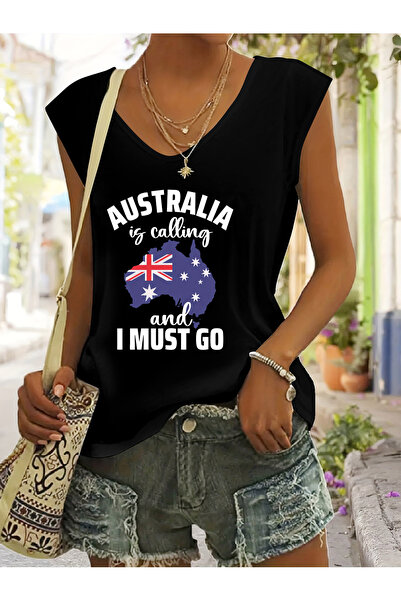 mercoledi Women's Australia Printed V-Neck Sleeveless Regular Fit Casual T-Shirt