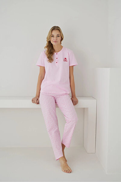 Pijamoni Women's Single Jersey Fabric Buttoned Collar Short Sleeve Heart Patt...