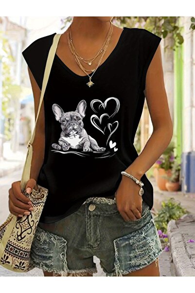 mercoledi Women's French Bulldog Printed V-Neck Sleeveless Regular Fit Casual...